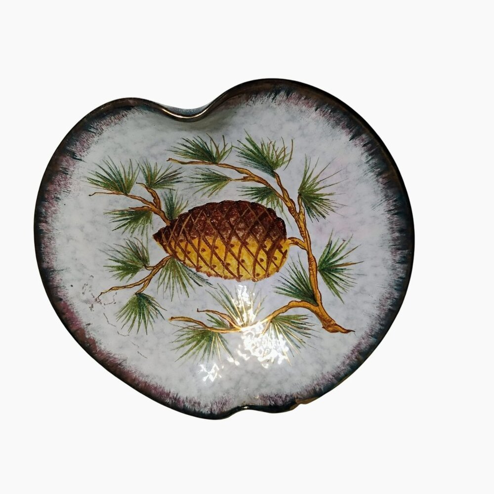 Vintage Mid Century Handpainted Ruffled Bowl Dish Pine Cone Italy Signed CHIP